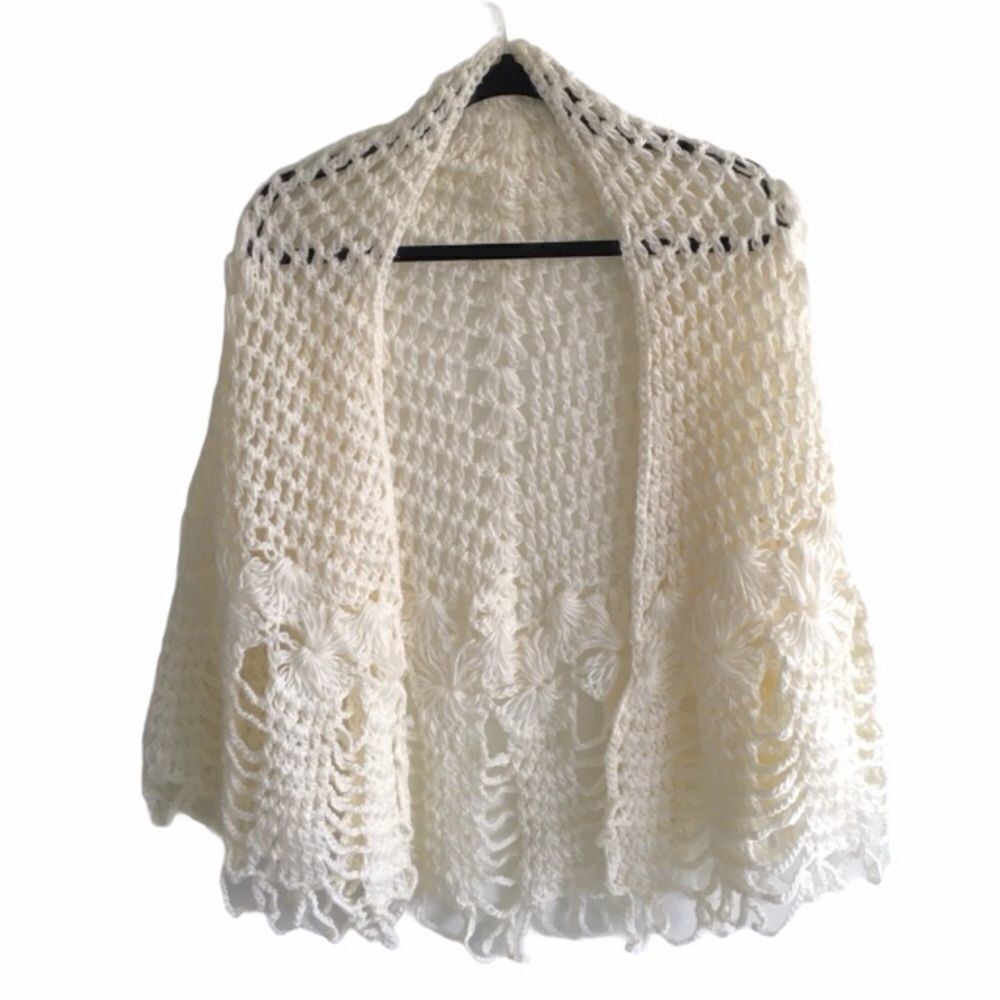 Hand Knit Shawl Wrap Cardigan Sweater Cream One Size